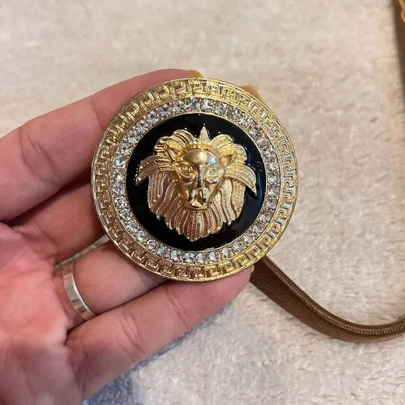 Women Lion Coin Charm Gold Metal Elastic Waistband Fashion Belt Skinny 28" Boho - Picture 4 of 9